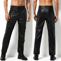 Arjen Kroos Men's Leather Pants Casual Straight Leg Motorcycle PU Leather Pant Multi Pockets