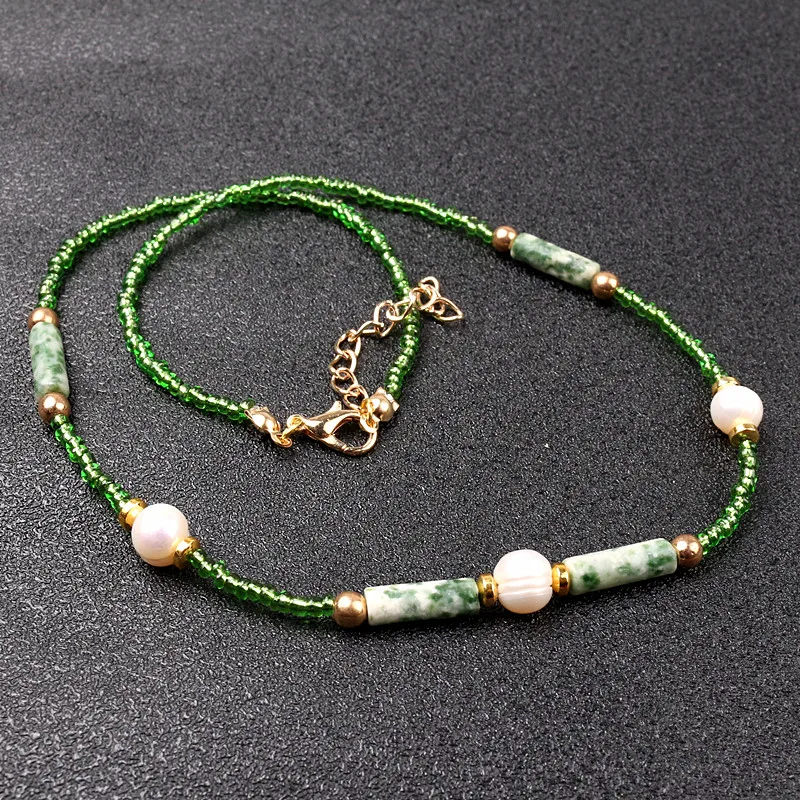 

Rice Beads With Stone Bead Handmade Shell Pearl Choker Necklaces for Girls Women Jewelry