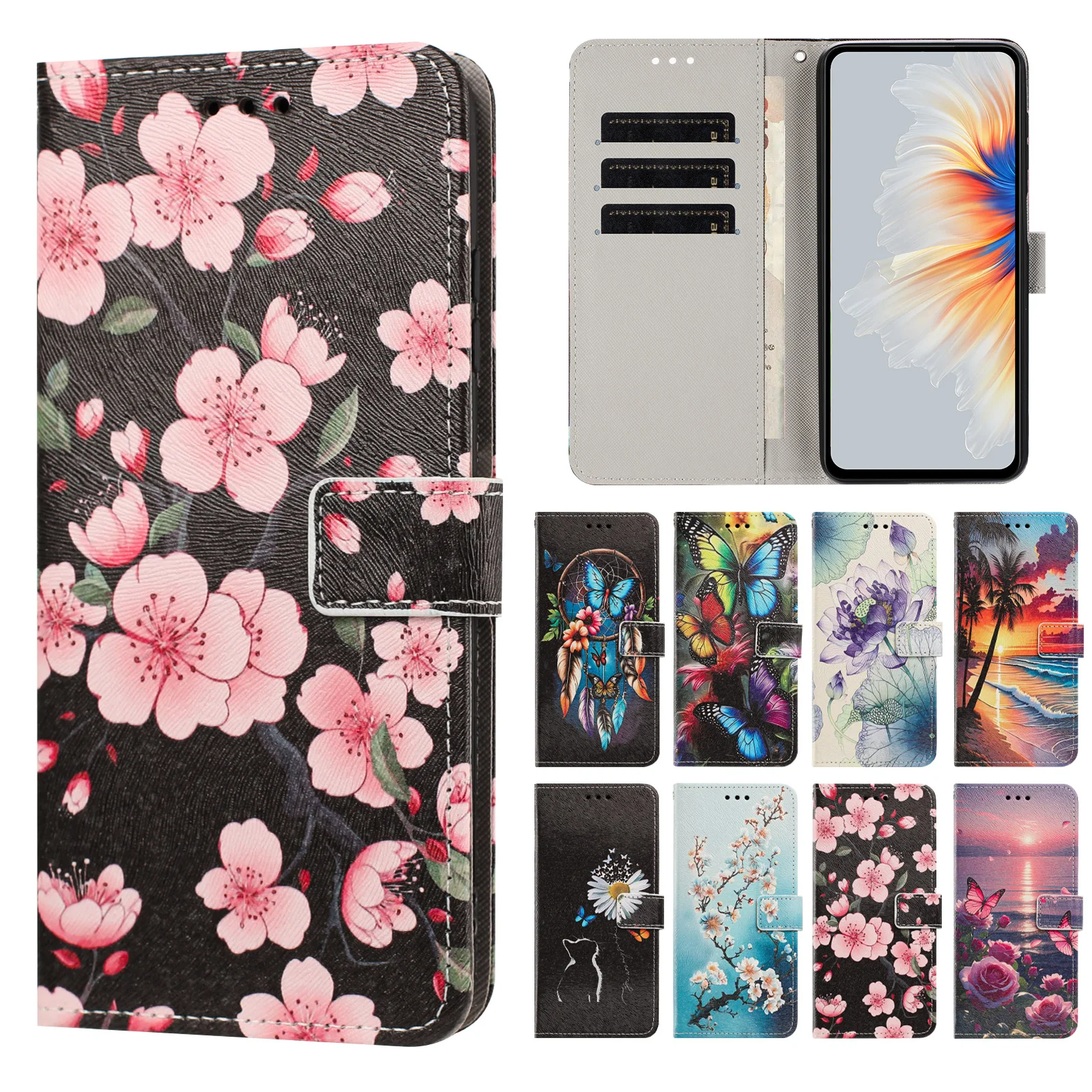 3D Flower Leather Flip Back Phone Case with Strap