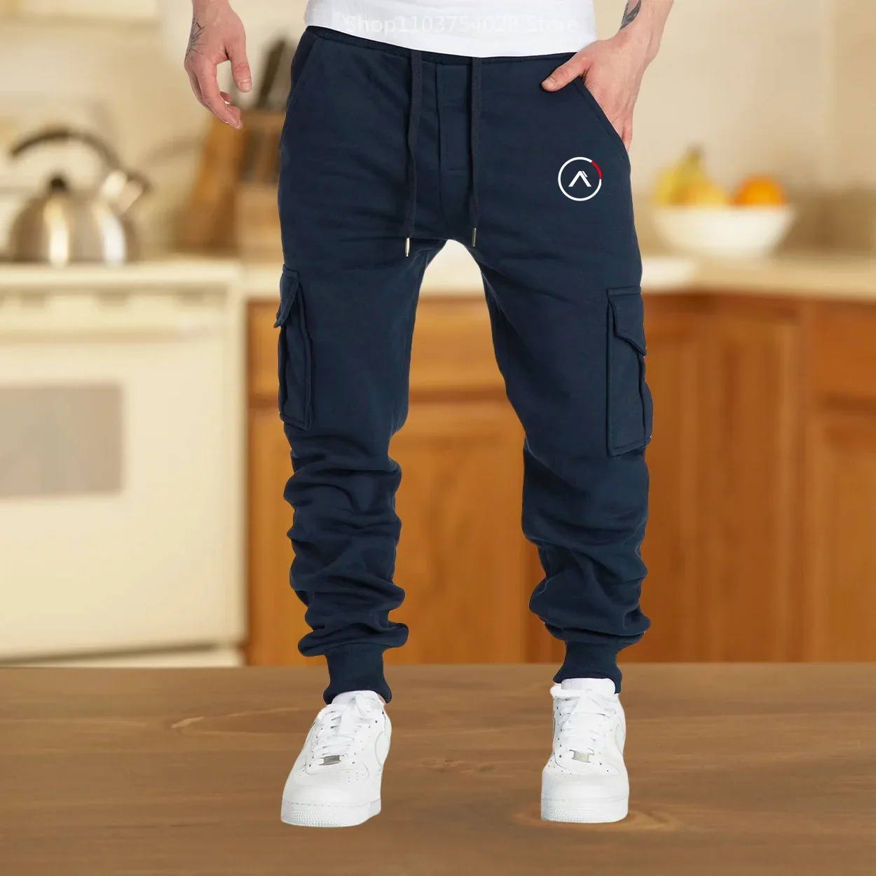 New Casual Men's Fitness Cargo Pants Drawstring Elastic Waist Workwear Pocket Pants Sweatpants Fashion Sports Fitness