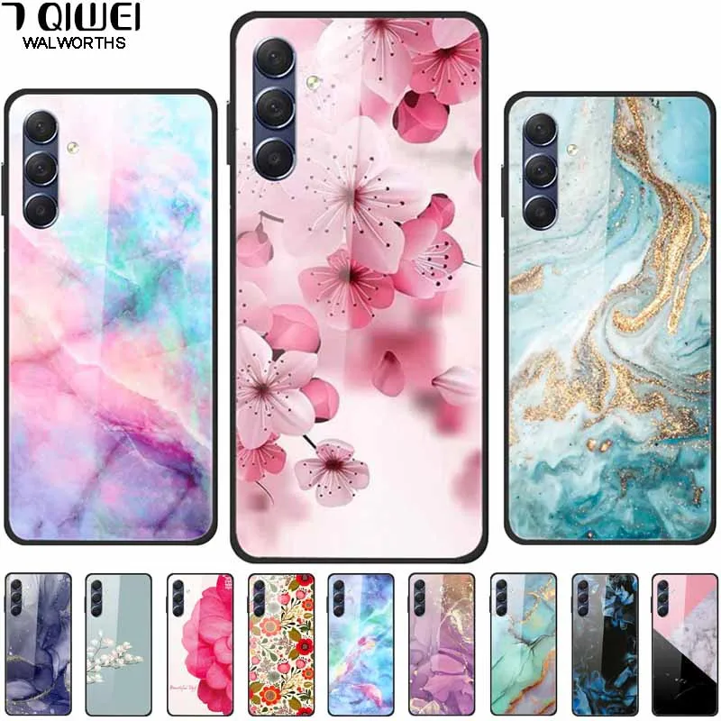 Per Samsung S24 Custodia In Vetro Temperato Marmo Fiore Posteriore Rigido Per Galaxy S24 Plus / S24 Copertura Paraurti Ultra Morbida S 24 S24 + Carino
