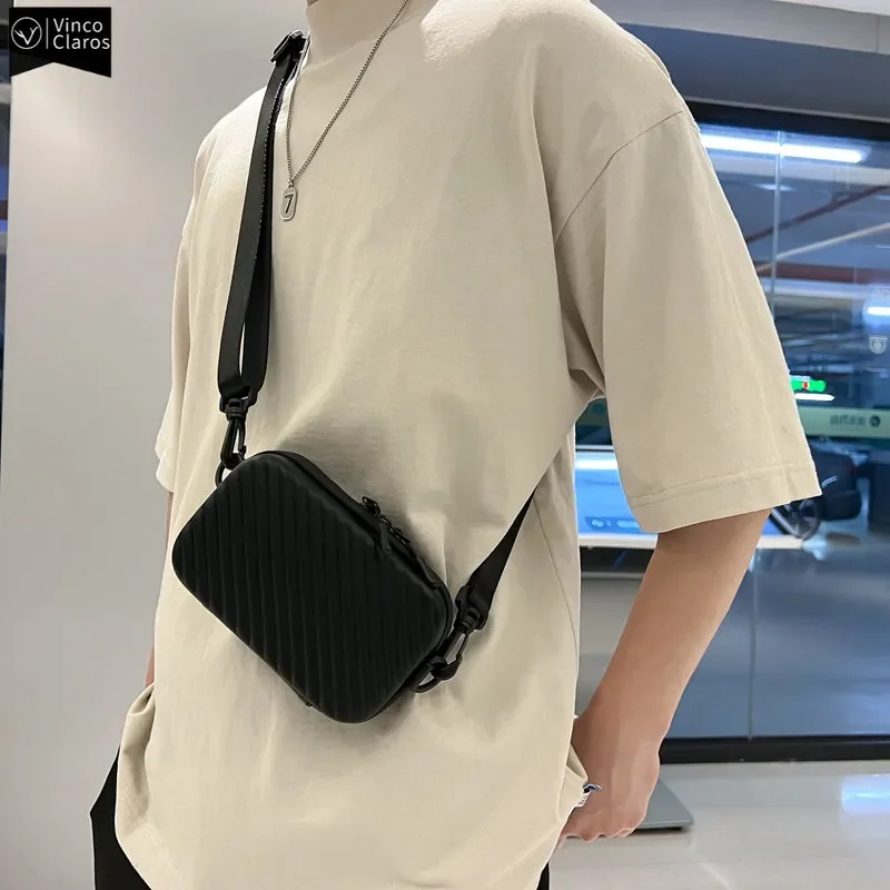 

VC Simple Lightweight Box Bag Unisex Trendy Diagonal Striped Shoulder Bag Soft PU Leather pressed shell Men's Messenger Bag