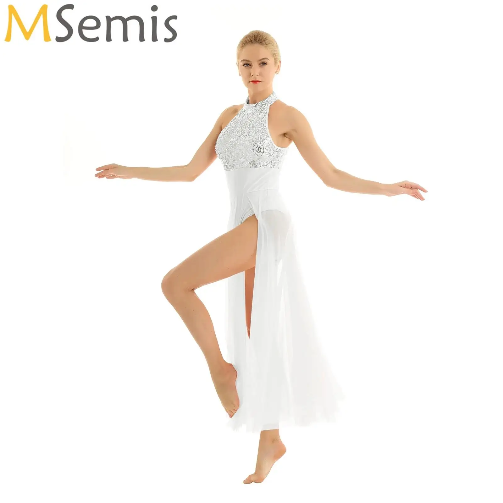 WTAXBH Ballett Trikot Damen Langarm - Lake Blue Mit Patchwork Mesh Design