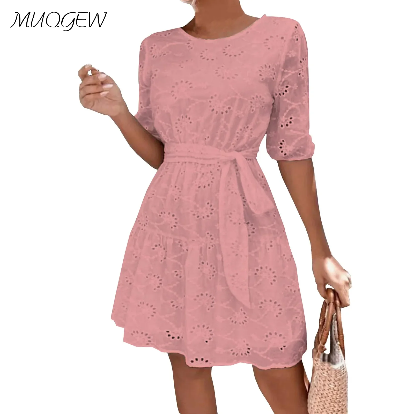 

Vestidos Dress For Ladies Lace-Up Summer New Round Neck Short Skirt Dress Short Sleeve 2024 Solid Color Loose Casual Dress