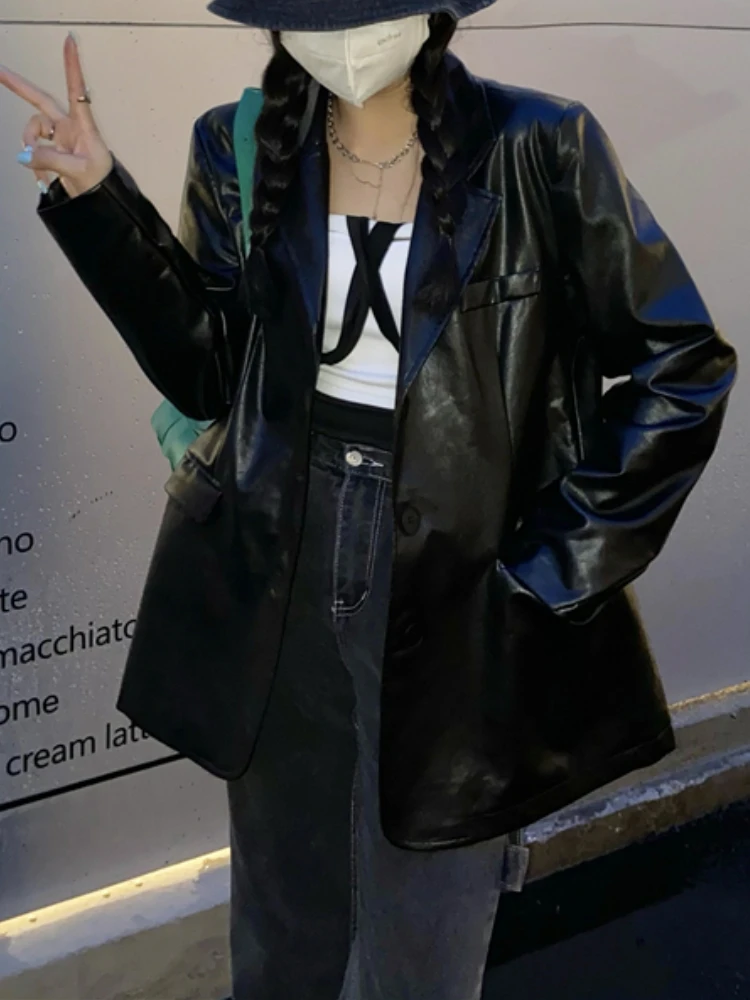 Черные винтажные Куртки из искусственной кожи, женские зимние повседневные свободные байкерские куртки, Женская Осенняя Корейская уличная одежда, шикарные пальто, 2022