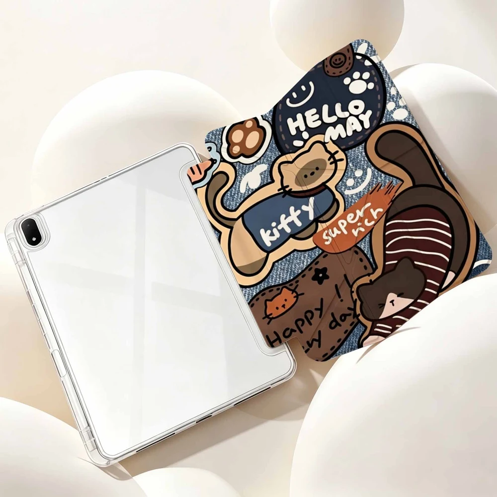 Transparent Protective Tablet Case with Pen Slot - Hello May Cats Design
