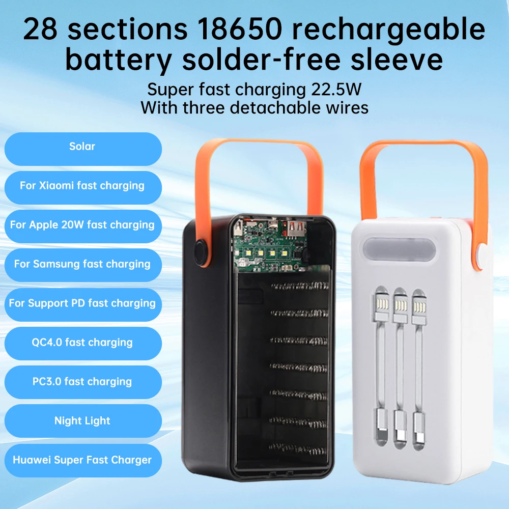 18650 Lithium Battery 28PCS DIY Mobile Power Case 22.5W Fast Charging Battery Box Solar LED Camping Light
