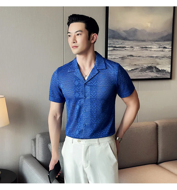 Spring/Summer Short Sleeved Shirt for Men Tailored Collar Lace Shirt Fashion Nightclub Social Party Tuxedo Blouse Streetwear