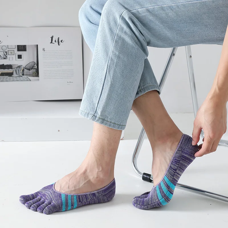 5 Paar unsichtbare Zehensocken für den Sommer, Baumwolle, bunte Streifen, dünn, weich, flacher Mund, atmungsaktiv, Deodorant, 5-Finger-Socken – Detail 2