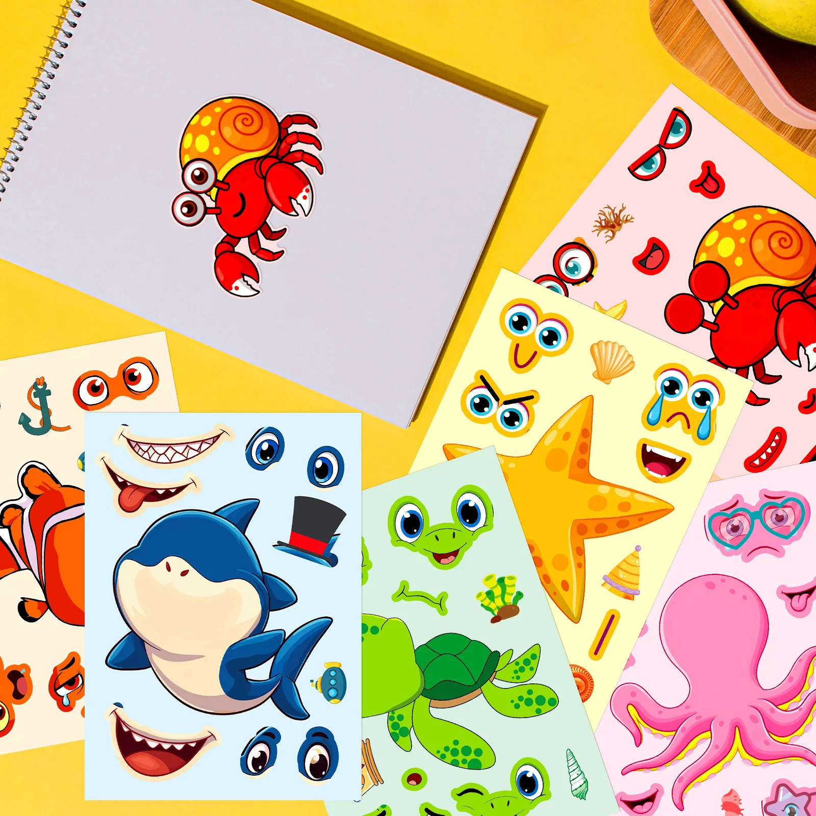 6/12개 대형 해양 생물 퍼즐 얼굴 만들기 스티커 문구류 상자 노트북 벽 DIY 게임 데칼