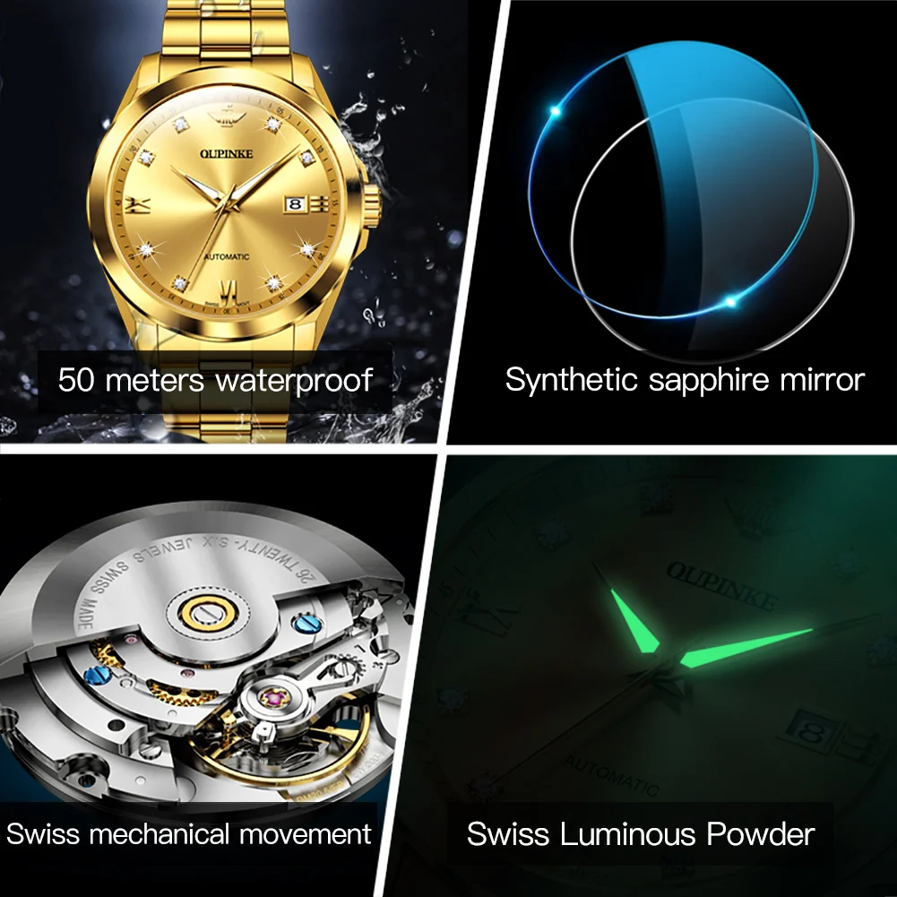 OUPINKE 3199 Real Diamond Automatic Watch for Men Stainless Steel Waterproof Sapphire Mirror Luxury Men's Mechanical Wristwatch