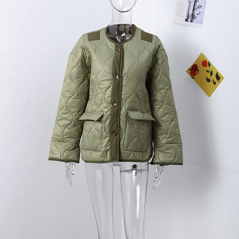 Description Picture 3 of itemSolid Quilted Jackets Women 2025 Autumn Fashion O-neck Single Breasted Pocket Coats Female Long Sleeve Casual Lady Chic Outerwea