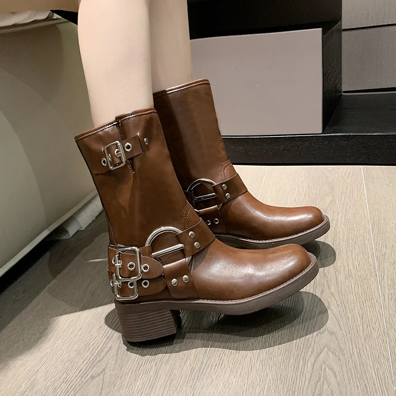 

Женские кожаные ботинки в стиле ретро, коричневые ботинки с круглым носком и пряжкой, весна-осень