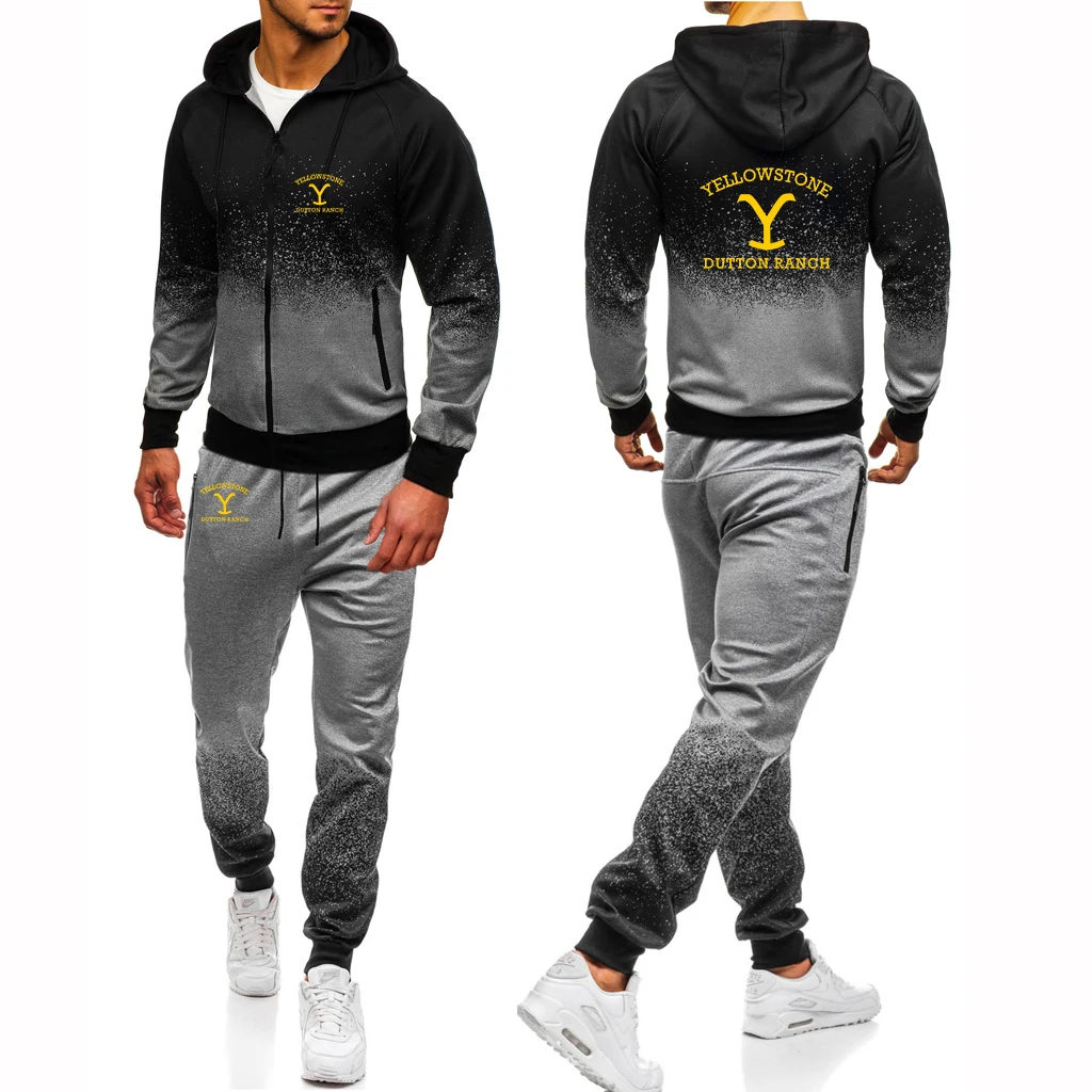

Movie Yellowstone Dutton Ranch Men's New Gradient Color Print Zipper Hoodies Tops+Pant Two Pieces Casual Tracksuit Clothing Suit