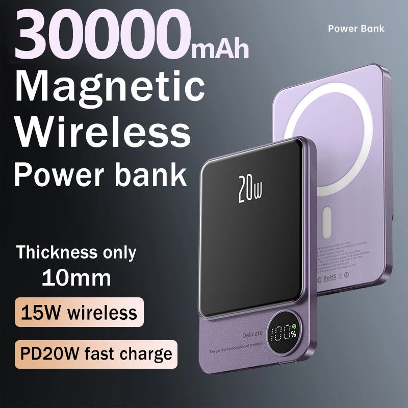 

30000mAh Magnetic Power Bank PD20W Magsafing Fast Charging External Battery For Iphone 15W Wireless Charge Powerbank For Huawei