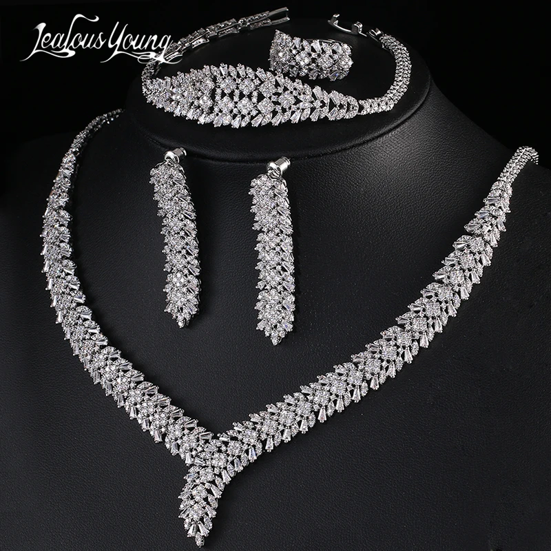 

Brand White AAA+ CZ Zirconia Earrings Ring Necklace Jewelry Set for Women Bridal Wedding Dress Party Gift
