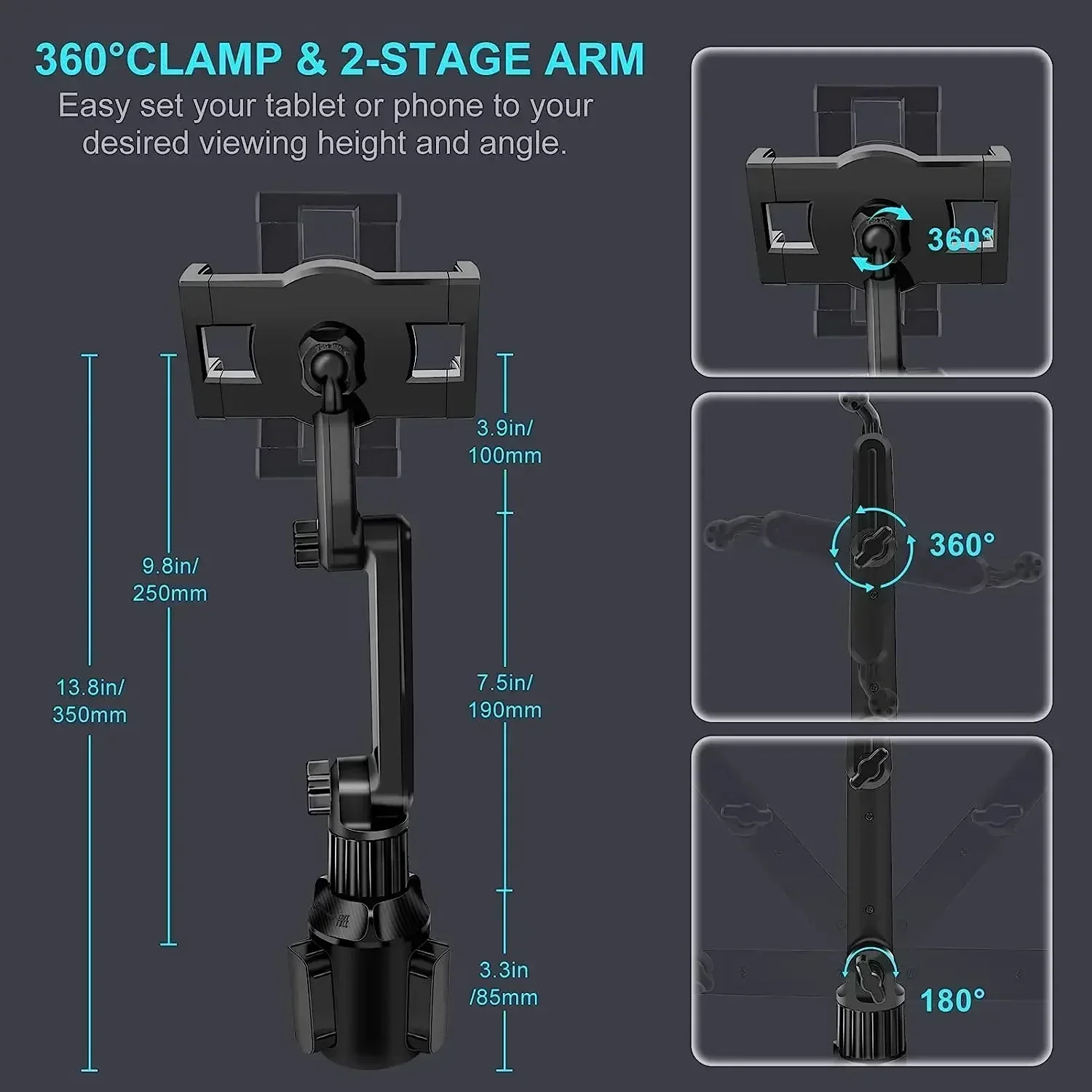 Cup Holder Tablet Mount, Car Tablet Holder Compatible with iPad Pro 12.9/11/10.5/9.7/Air/Mini 6/5/4, iPhone 14/13/Pro, 4.7-12.9