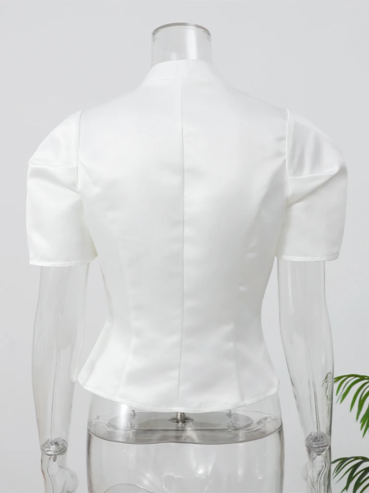 Elegant White Lantern Sleeve Shirt Women's Sexy Solid Stand Collar High Waist Slim Shirts 2026 New Lady Tops Commute Outerwears 6