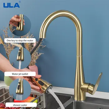 ULA สแตนเลสก๊อกน้ำสำหรับห้องครัวเครื่องทำน้ำร้อนเย็นแตะดึง Out Spout 2โหมดที่มีความยืดหยุ่นอ่างล้างจานก๊อกน้ำห้องครัว Gold แตะ 1