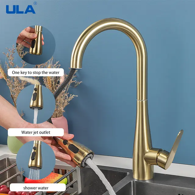 ULA สแตนเลสก๊อกน้ำสำหรับห้องครัวเครื่องทำน้ำร้อนเย็นแตะดึง Out Spout 2โหมดที่มีความยืดหยุ่นอ่างล้างจานก๊อกน้ำห้องครัว Gold แตะ 1