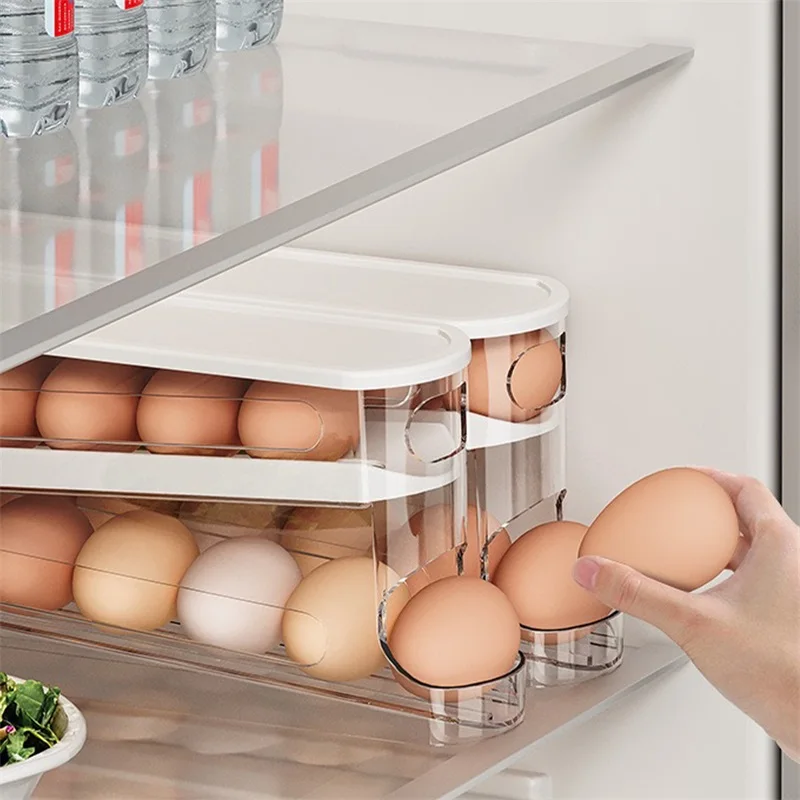 Automatic Rolling Egg Storage Box Transparent Egg Holder Fridge with a Twist Refrigerator 2 Layers Dispenser Organizer