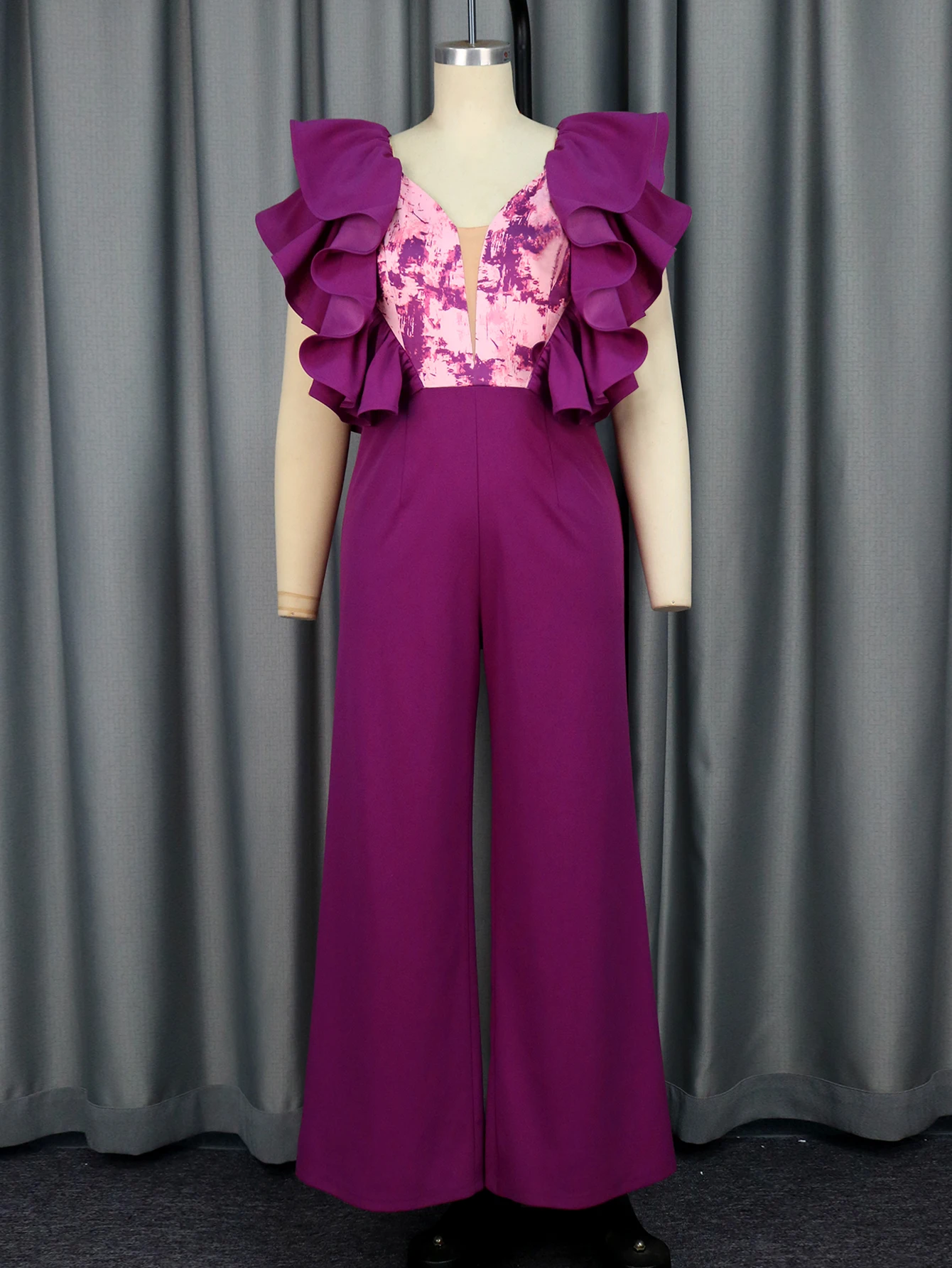 Design Feeling Ruffle Edge V-neck Printed Wide Leg Pants Sleeveless Jumpsuit Elegant and Sexy Clothing Women's Birthday Party