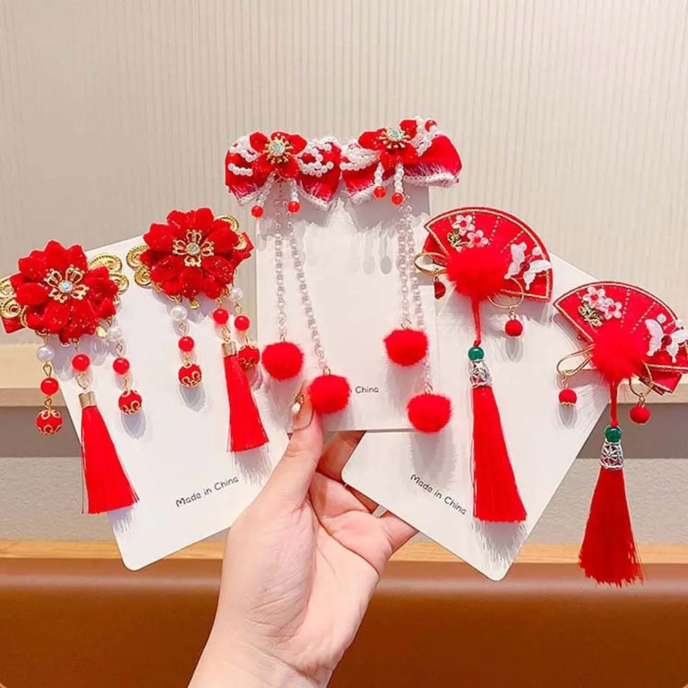 

Butterfly Hanfu Hair Clip Kawaii Red Color Pearl Tassel Hairpin Flower New Year Bowknot Duckbill Clip Female/Children