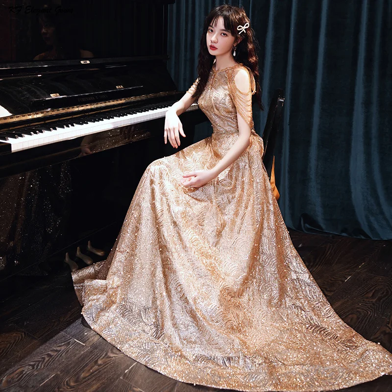 

KF Luxury High-end Craftsmanship Sequin One Line Collar Golden Evening Dress Master of Ceremonies Be Engaged Ceremonial Dress