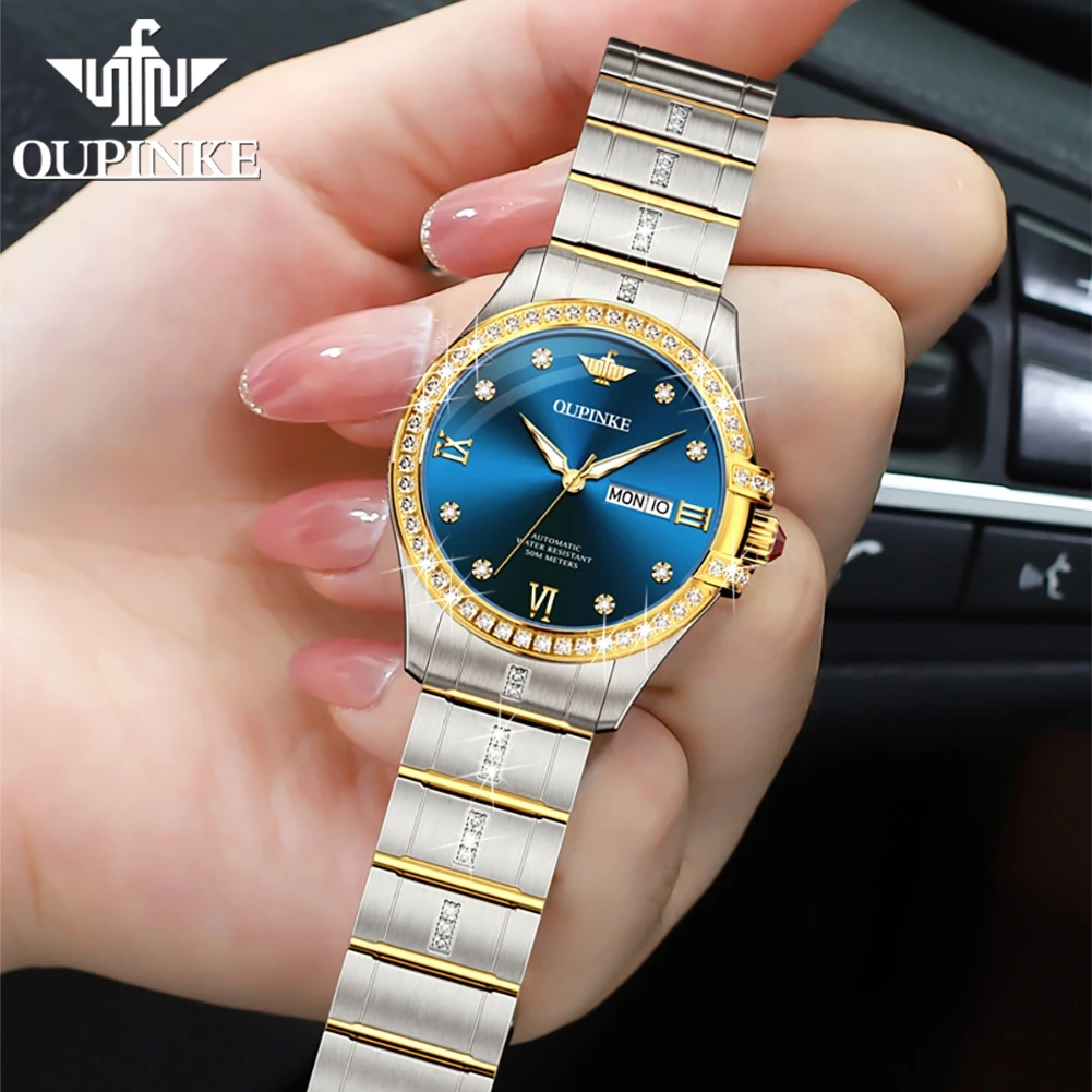 OUPINKE 3195 Automatic Watch Woman Sapphire Mirror Diamond Bezel Watches For Women Original Luxury Brand Mechanical Wristwatches