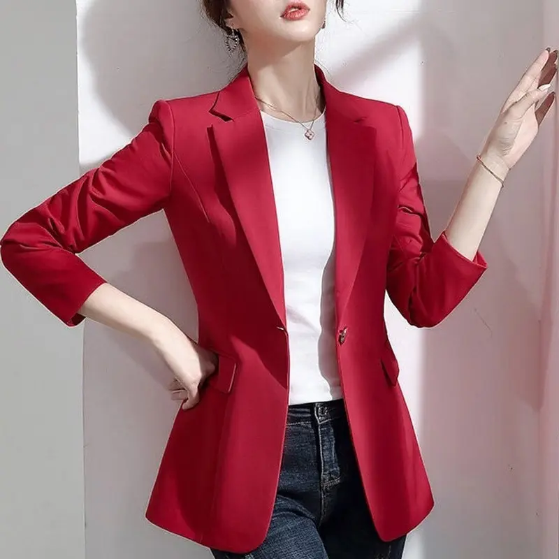 

2023 Autumn Spring Basic Blazer Woman Clothes Button Fashion Solid Slim Jacket Female New Arrival Coats Overwear 5769
