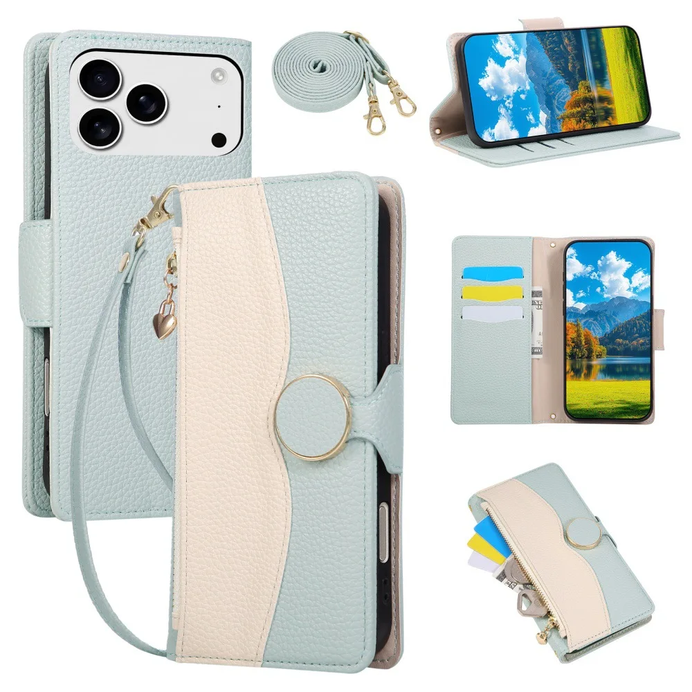 Leather Crossbody Shoulder Bag with Zipper Pocket and Wrist Strap Wallet