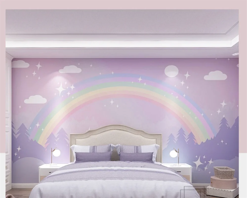 

beibehang papel de parede Customized modern new Nordic hand-painted clouds rainbow starry children's room background wallpaper