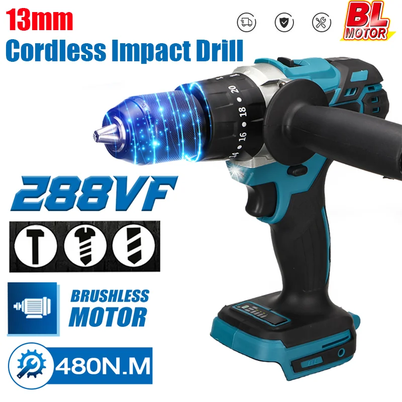 

18V 13mm 480N.M 20+3 Torque Brushless Electric Impact Drill 3 in 1 Cordless Electric Screwdriver for Makita 18V Battery