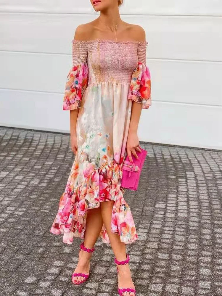 

2022New Summer Flared Sleeves Draped Party Dresses Women's Sexy Loose Tight Waist Dress Spring Floral Backless Long Beach Dress