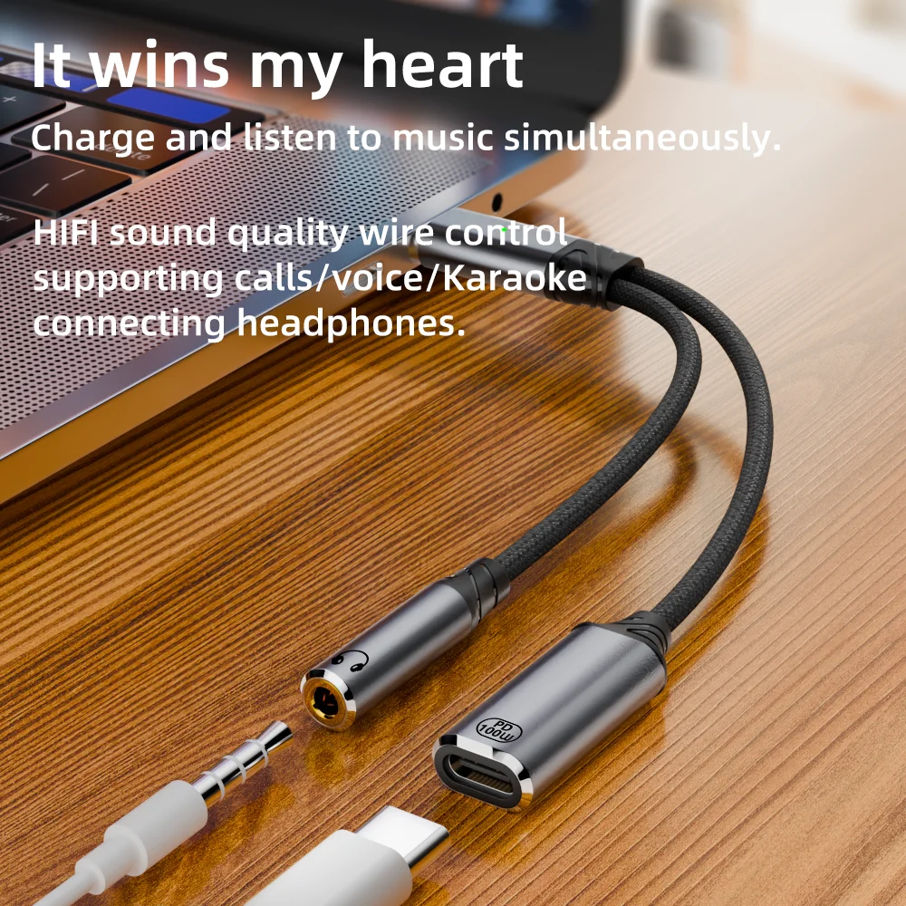 USB C-3.5mm 헤드폰 및 충전 어댑터 (PD 100W 60W 고속 충전 타입 C-오디오 잭 AUX 코드, Phone16 호환)