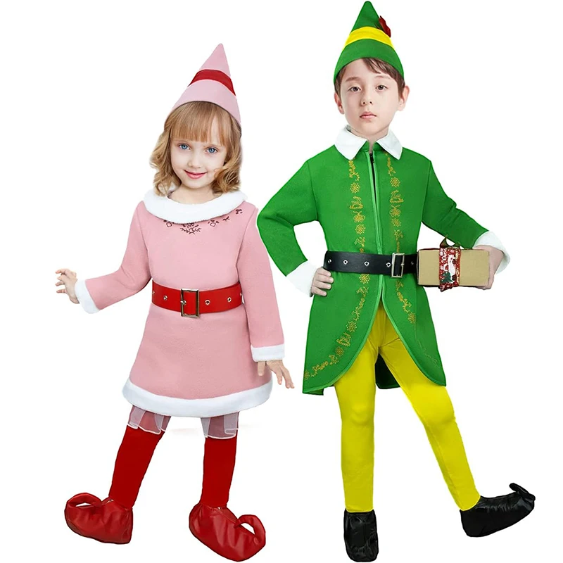 

Child Holiday New Year Cosplay Pink Christmas Elf Fancy Dress Up For Girl Green Santa Helper Boy Elf Costume