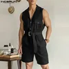 INCERUN 2024 Korean Style Jumpsuits Mens Summer Fashion Rompers Shorts Casual Solid Well Fitting Belt Sleeveless Bodysuits S-5XL 1