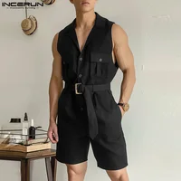INCERUN 2024 Korean Style Jumpsuits Mens Summer Fashion Rompers Shorts Casual Solid Well Fitting Belt Sleeveless Bodysuits S-5XL 1