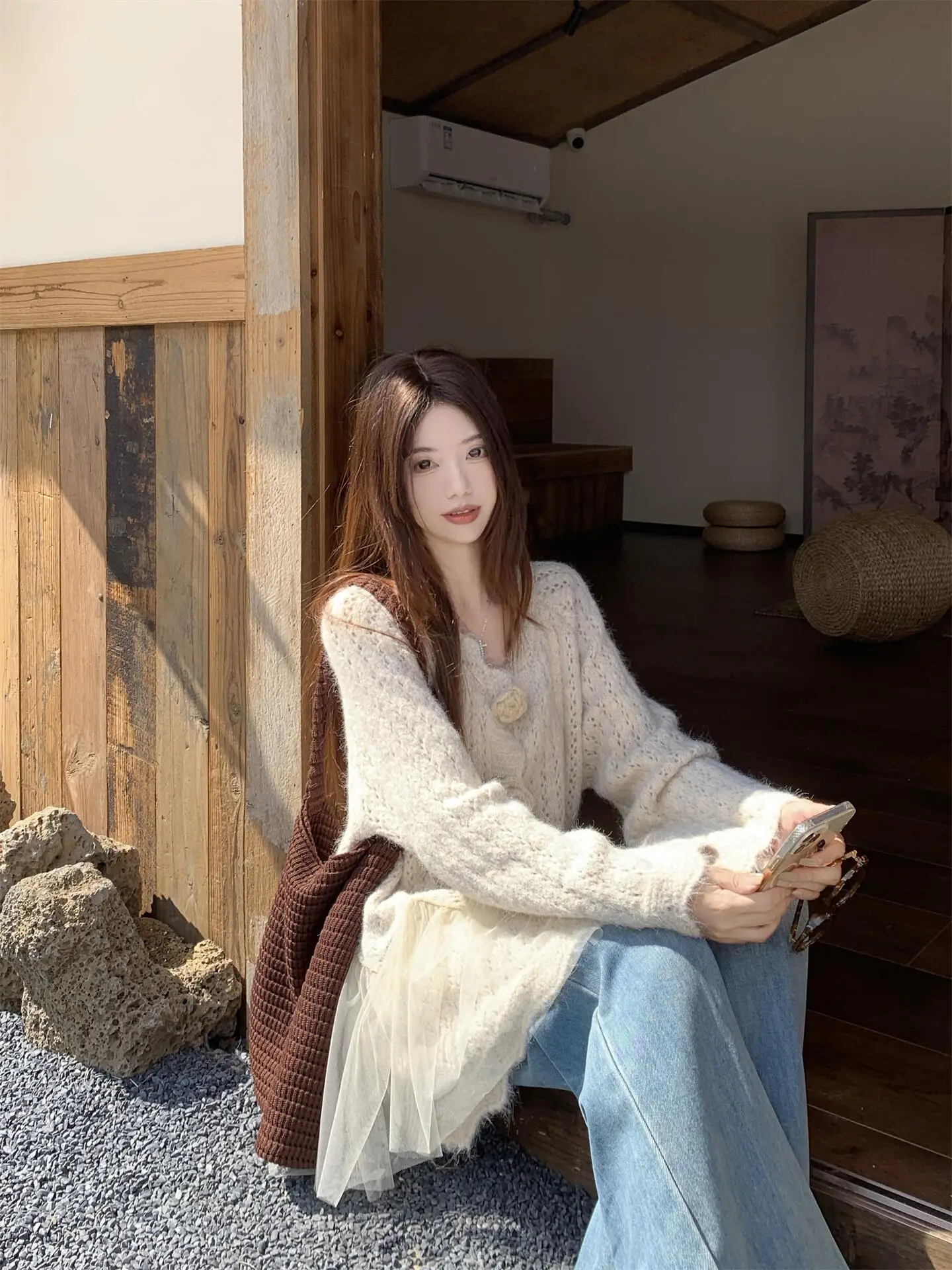 3D Floral Mesh Splicing Knitted Sweater Coat Women's Spring New Mid-Length Casual Top V-neck Long Sleeve Button Closure
