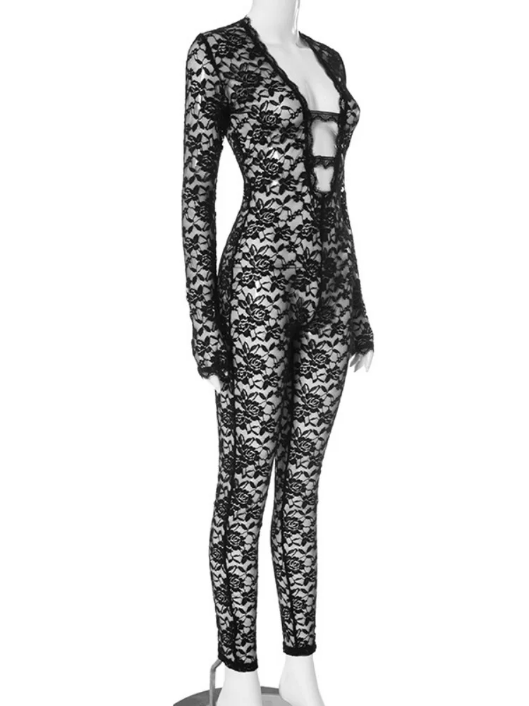 Wmstar Jumpsuit Women Wholesale Sexy Deep V Neck Lace Hollow Out Zipper Hot Girl Night Club One Piece Outfits Drop Shopping