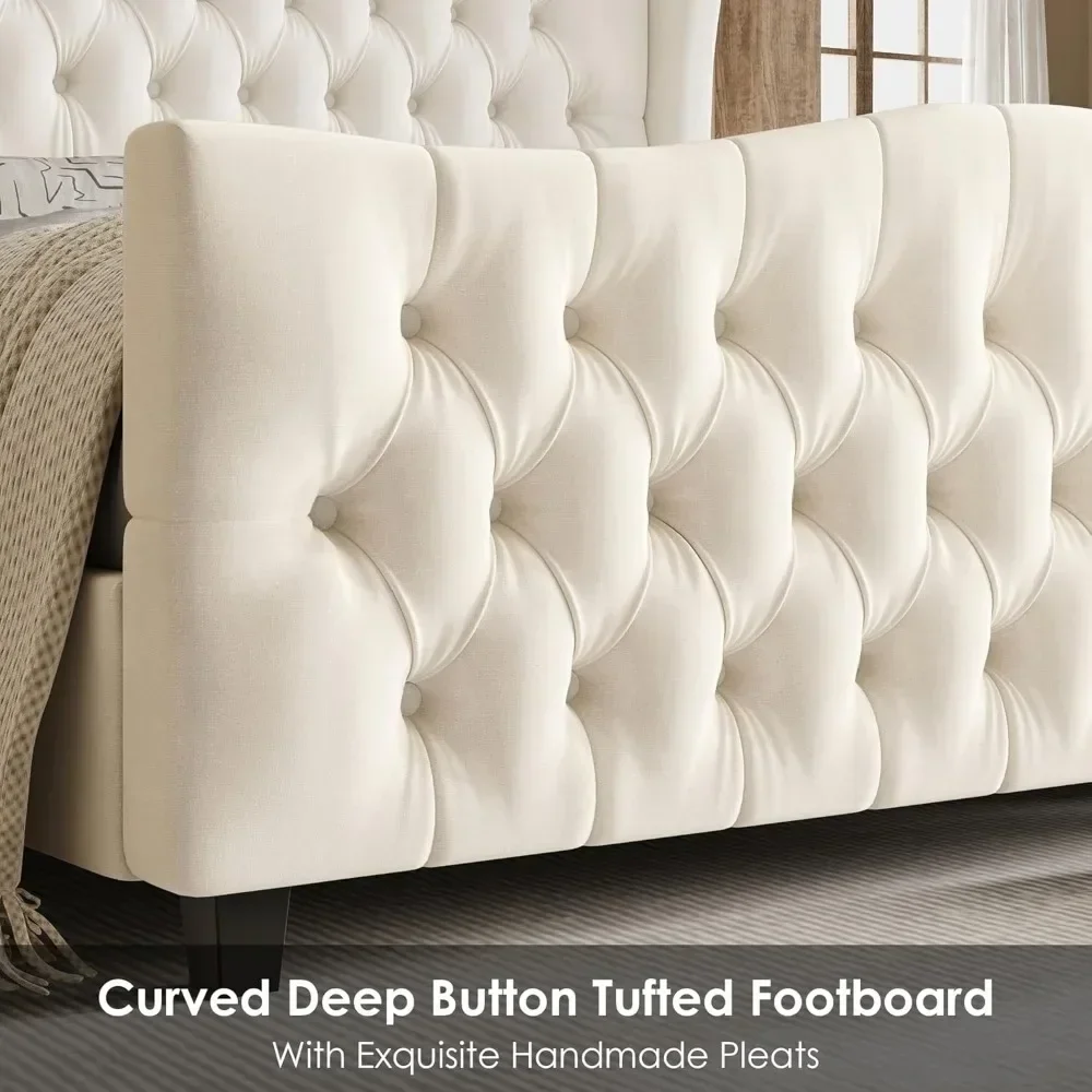 Queen Size 54.3” Tall Platform Bed Frame with Deep Button Tufted Wingback Headboard and Footboard,  ZL 4