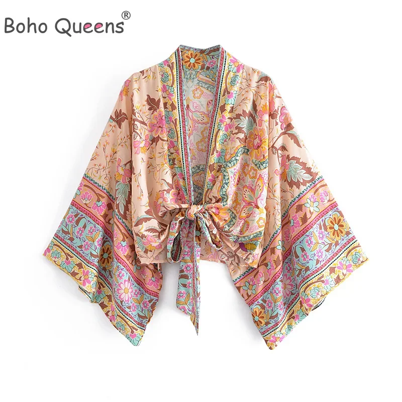 Boho Queens Vintage Floral Print Sashes Short Kimono Women V Neck Batwing Sleeves Ladies Beach Robe Cover-ups