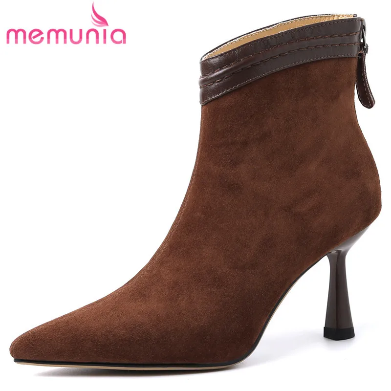 

MEMUNIA 2023 New Zipper Kid Suede Leather Autumn Boots Retro Ladies Pointed Toe Ankle Boots Thin High Heels Women Shoes