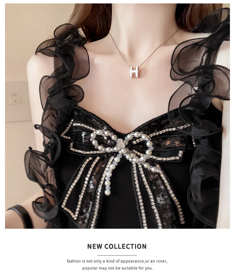 #5324 Black White Knitted Crop Top Women Tight Stretch Tank Tops Spliced Gauze Sexy Tops For Women Clubwear Bow Backless Summer