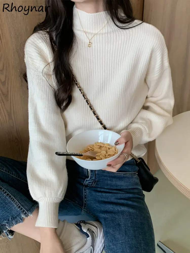 

Mock Neck Pullovers Women Autumn Loose Lazy Style Comfort All-match Knitwear Ulzzang Popular Simple Fashion Temper Casual Chic