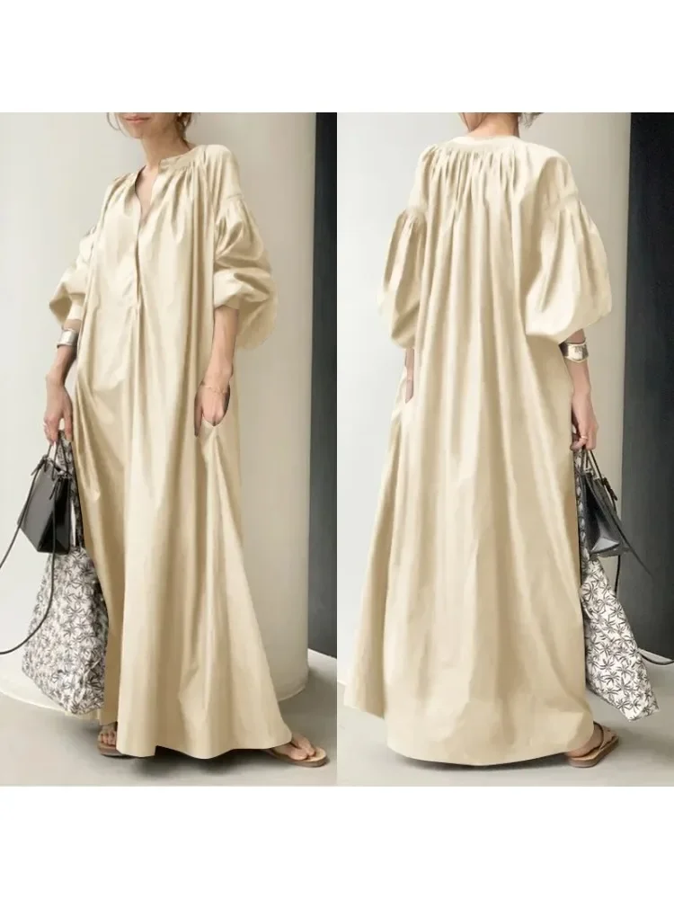 Cotton Dress Summer Elegant Solid Shirt Dress Women's Sundress Casual Lantern Half Sleeve Maxi Vestidos Female V Neck Robe - Image 2