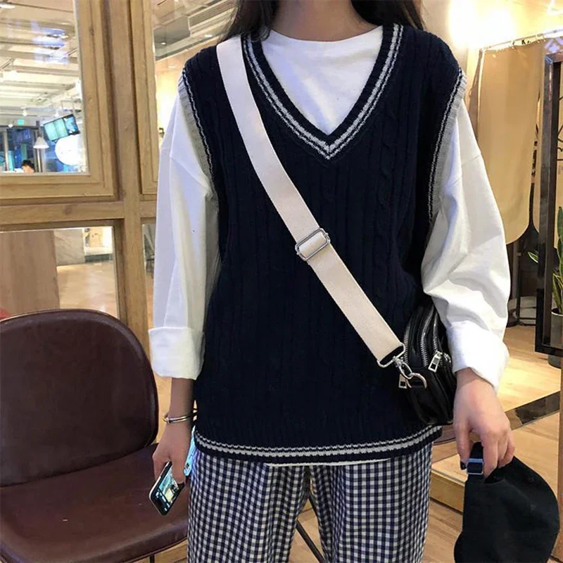 Harajuku Preppy Style V Neck Knitted Sweater Vest Women Autumn Winter Patchwork Sleeveless Vests Sweaters Female Pullovers Y2k