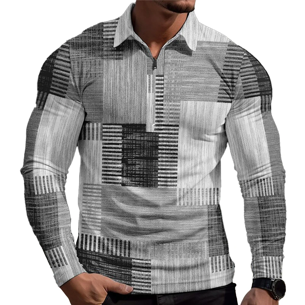 

2024 Hot Sale Brand New Mens Long Sleeve Plaid Shirt Zip Collar T Shirt Two Tone Athletic Muscle Tops