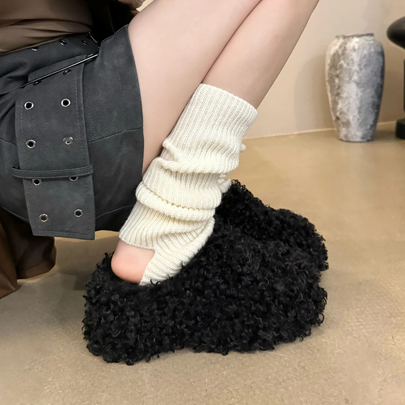 ZOOKERLIN Round Toe Thick High Heels Platform Women's Slippers Solid Color Wool Slip On Winter Soft Comfortable Woman Shoes Fur