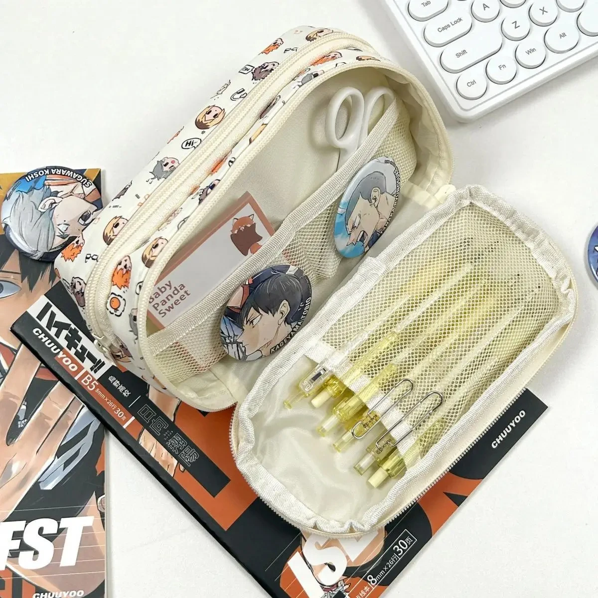 Trousse à Crayons Anime Haikyuu - Shoyo Hinata/Tobio Kageyama - 20x10cm, Deux Compartiments Zip